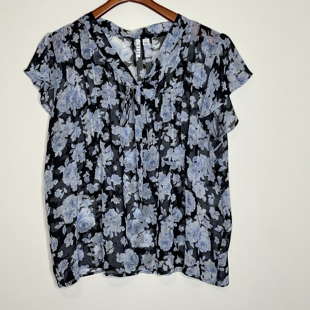 Elle Floral Blouse‎ Sheer Size Large Flutter Sleeve Tie Pullover Romantic Roses